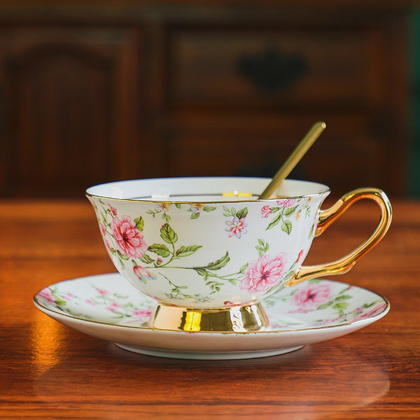 Porcelain Tea Cup Saucer Set of 2 Cups, Flower Tea Cup and Saucer Set in Gift Box, Floral Ceramic Coffee Cup with Saucer, Beautiful British Tea Cup and Saucer-LargePaintingArt.com