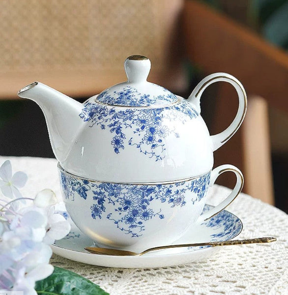 Mother and Baby Teapot with Matching Saucer British Style Porcelain Teapot with Matching Cup and Saucer in Gift Box, Ceramic Tea Pot with Integrated Cup, Stackable Teapot and Cup Set-LargePaintingArt.com