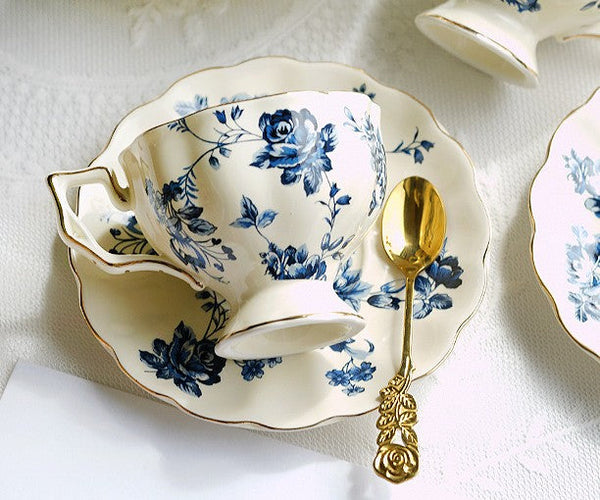 Elegant Vintage Ceramic Coffee Cups for Traditional Afternoon Tea, Royal Ceramic Cups, French Style China Porcelain Tea Cup Saucer Set, 6.8 oz Tea Cup and Saucers-LargePaintingArt.com