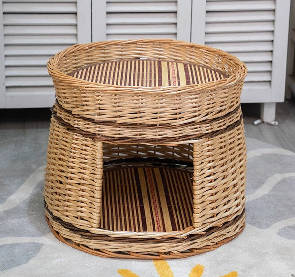 Large Double-Layer Cat Bed, Wicker Cat House Basket with Washable Cushion for Indoor Cats and Dogs-LargePaintingArt.com