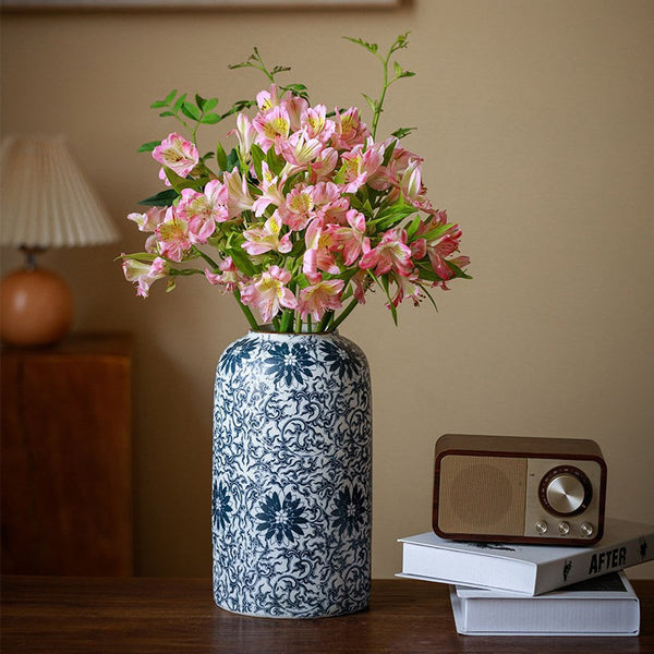 Centerpiece on Dining Table, Large Blue Flower Vase on Table, Vintage Bouquet Flower Vases, Handmade Porcelain Flower Vases Urn, Water Holding Flower Vases-LargePaintingArt.com