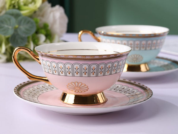 Royal Blue and Pink Bone China Porcelain Tea Cup Set, Tea Cups and Saucers in Gift Box, Elegant Ceramic Coffee Cups, Beautiful British Tea Cups-LargePaintingArt.com