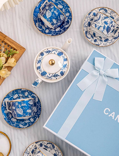 Unique British Traditional Afternoon Tea Cup Set with Teapot, 8 oz Ceramic Coffee Cup with Saucer Set of 4 cups in Gift Box, Blue Porcelain Tea Cup and Saucer Set-LargePaintingArt.com