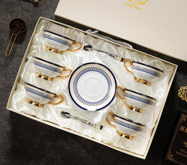 Blue Porcelain Tea Cup Saucer Set, Elegant British Ceramic Coffee Cups, Unique British Tea Cup and Saucer in Gift Box-LargePaintingArt.com
