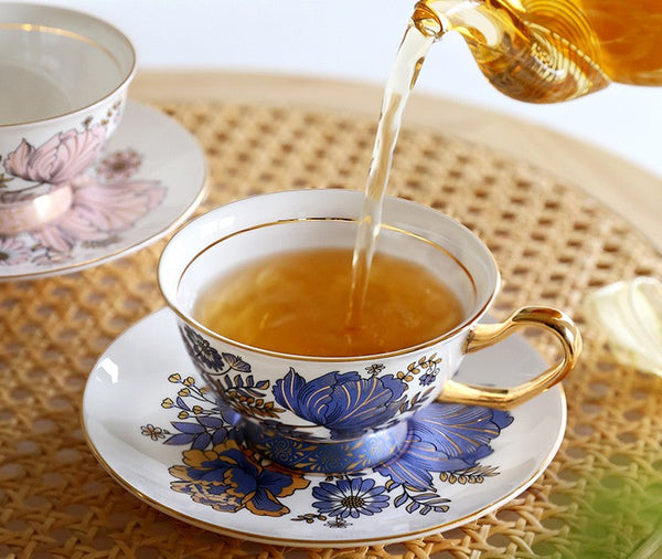 Elegant Ceramic Coffee Cups, Afternoon British Tea Cups, Unique Iris Flower Tea Cups and Saucers in Gift Box, Royal Bone China Porcelain Tea Cup Set-LargePaintingArt.com