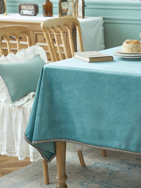 Ramie Velvet Rectangle Tablecloth for Home Decoration, Blue Square Tablecloth for Round Table, Modern Blue Table Cloth for Dining Room Table-LargePaintingArt.com