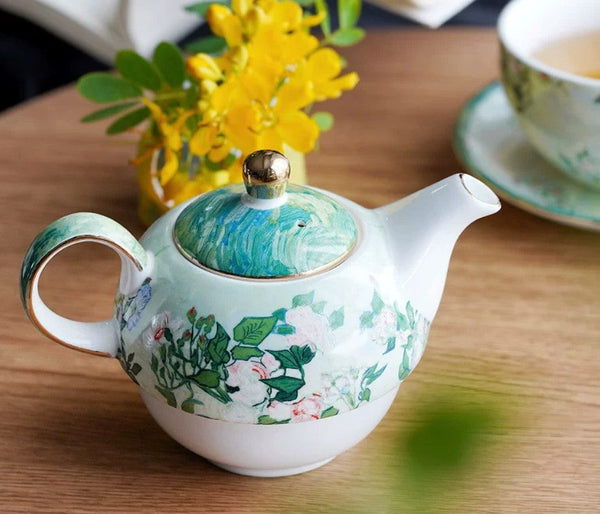 Vintage Style Stackable Tea Pot Set, English Style Tea Pot and Cup Set, Ceramic Tea Pot with Integrated Cup, Mother-and-Baby Teapot with Matching Saucer-LargePaintingArt.com
