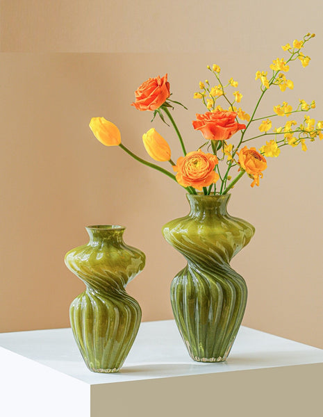 Handmade Contemporary Glass Vases, Modern Green Vases for Living Room, Mid Century Vases for Flowers, Unique Decorative Glass Vase, Centerpiece Vases on Table-LargePaintingArt.com