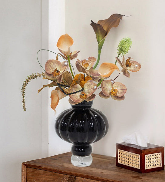 Unique Contemporary Vases for Modern Home Decor, Black Glass Bud Vases, Handmade Liuli Vases, Centerpiece Vases on Table, Black Glaze Vase-LargePaintingArt.com