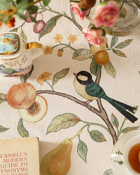 Bird and Fruit Tree Kitchen Table Cover, Linen Table Cover for Dining Room Table, Tablecloth for Round Table, Simple Modern Rectangle Tablecloth Ideas for Oval Table-LargePaintingArt.com