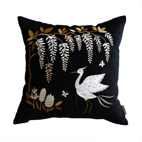 Decorative Pillow Arrangement Ideas for Bed, Embroidered Egret Cushion, Vintage Decorative Pillows, Luxury Decorative Pillows for Couch, Modern Throw Pillows for Couch-LargePaintingArt.com