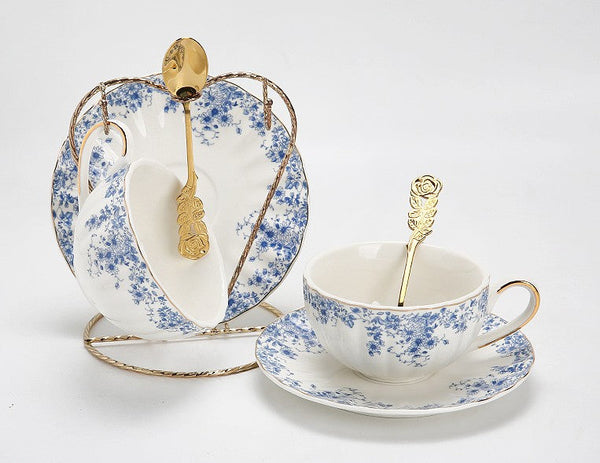 Blue Porcelain Tea Cup Saucer Set, British Royal Ceramic Cups for Traditional Afternoon Tea, Unique Blue Tea Cup and Saucer in Gift Box, Elegant Ceramic Coffee Cups-LargePaintingArt.com