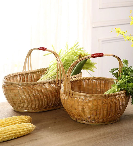 Natural Hand-woven Bamboo Basket, Natural Fruit Basket Kitchen Storage Baskets, Extra Large Picnic Food Basket with Handle, Lovely Bamboo Baskets for Vegetable-LargePaintingArt.com