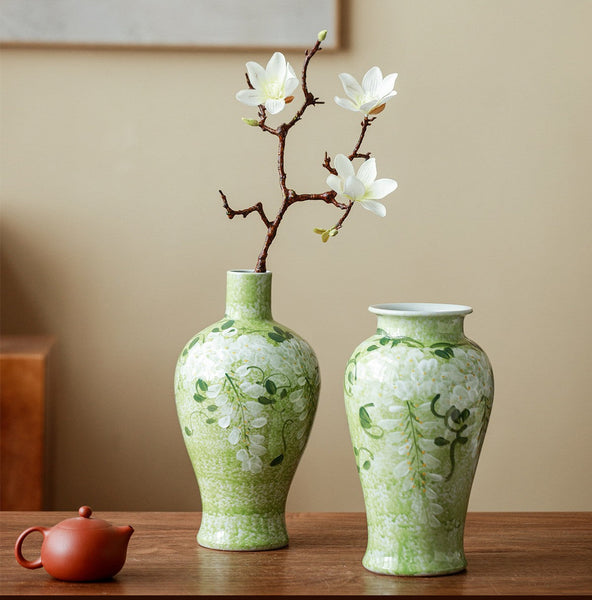 Large Flower Vases on Table, Green Porcelain Flower Vases, Centerpiece Ceramic Bud Vases, Handmade Water Holding Flower Vase-LargePaintingArt.com