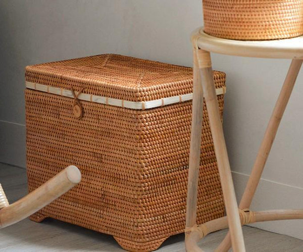 Oversized Storage Baskets for Bedroom, Rectangular Woven Storage Baskets for Clothes, Large Rectangular Storage Basket with Lid, Rattan Storage Case-LargePaintingArt.com
