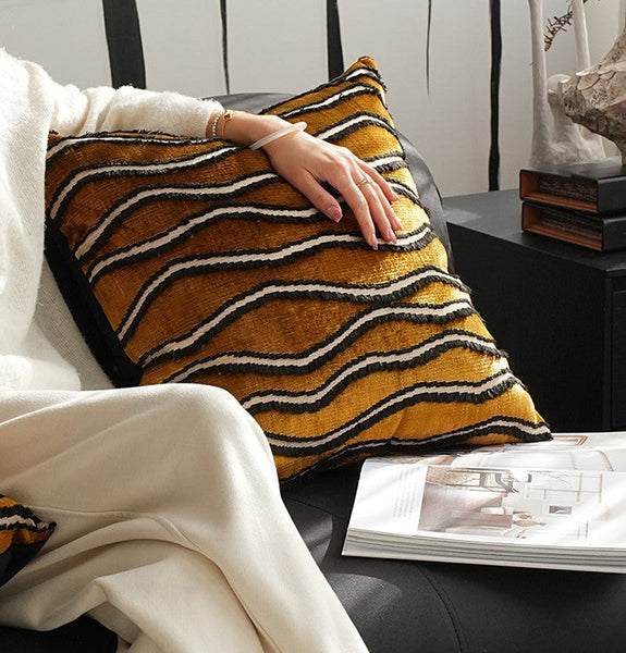 Golden Contemporary Pillows, Abstract Decorative Throw Pillows, Square Modern Throw Pillows for Couch, Large Simple Throw Pillow for Interior Design-LargePaintingArt.com