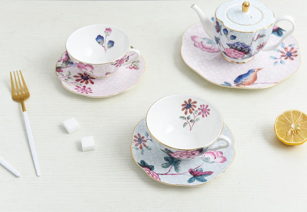 Unique Porcelain Cup and Saucer, Beautiful British Flower Tea Cups, Elegant Ceramic Coffee Cups, Creative Porcelain Tea Cup Set-LargePaintingArt.com