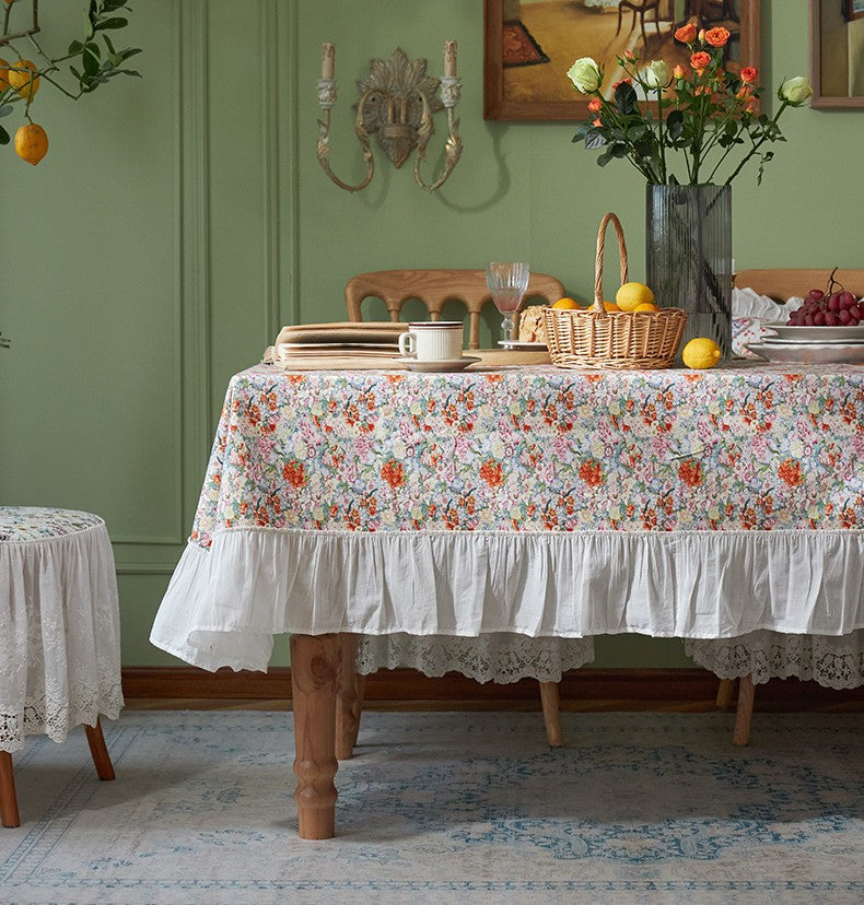 Extra Large Rectangle Tablecloth for Dining Room Table, Natural Spring Flower Farmhouse Table Cloth, Flower Pattern Cotton Tablecloth, Square Tablecloth for Round Table-LargePaintingArt.com