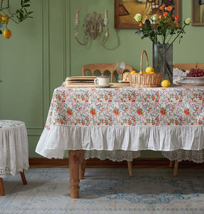 Extra Large Rectangle Tablecloth for Dining Room Table, Natural Spring Flower Farmhouse Table Cloth, Flower Pattern Cotton Tablecloth, Square Tablecloth for Round Table-LargePaintingArt.com
