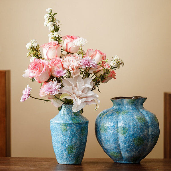 Pottery Flower Vases, Modern Bouquet Flower Vases, Centerpiece on Dining Table, Blue Flower Vase on Table, Handmade Water Holding Flower Vases-LargePaintingArt.com