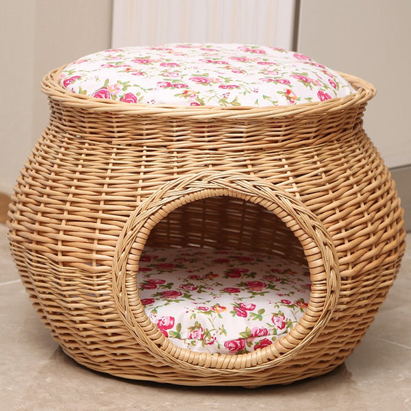 Rattan Cat Bed, Wicker Cat House Basket with Washable Cushion for Indoor Cats and Dogs-LargePaintingArt.com