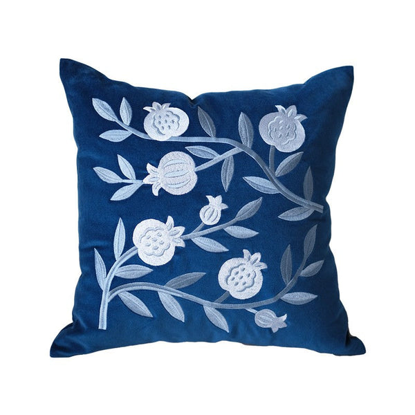 Blue Embroidered Pomegranate Cushion, Large Decorative Pillows for Couch, Living Room Decorative Pillows, Modern Throw Pillows for Bedroom, Decorative Pillow Arrangement Ideas for Couch-LargePaintingArt.com