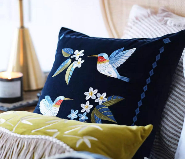 Large Modern Throw Pillows, Decorative Pillow Arrangement Ideas for Couch, Vintage Decorative Pillows, Embroidered Birds Cushion, Decorative Pillows for Couch-LargePaintingArt.com