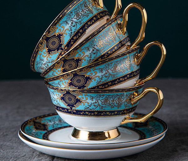 Elegant British Ceramic Coffee Cups, 7.4 oz Porcelain Tea Cup Set for Office, Unique Tea Cup and Saucer in Gift Box-LargePaintingArt.com