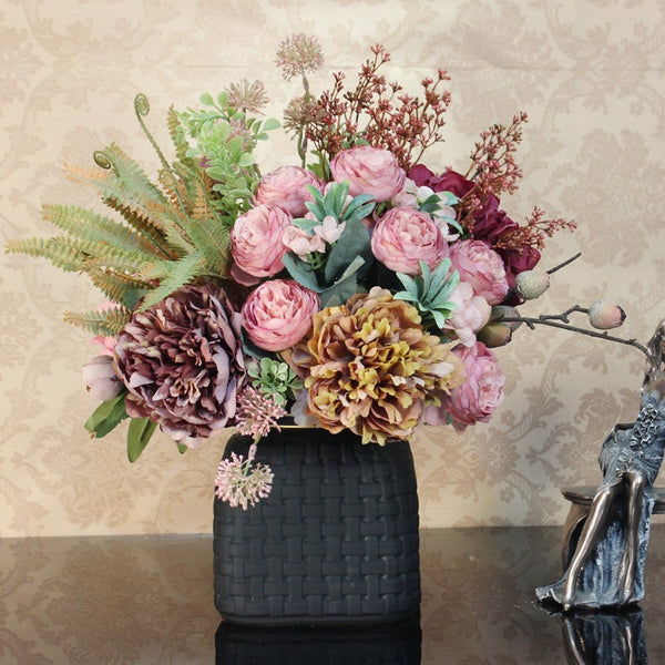 Beautiful Artificial Floral Arrangement for Bedroom, Large Bunch of Peony Flowers Arrangement, Real Touch Faux Silk Floral Bouquet Table Centerpiece-LargePaintingArt.com