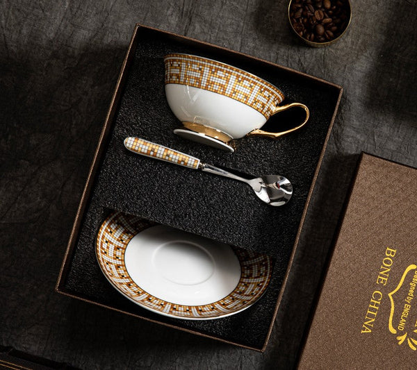 Porcelain Tea Cup Set for Office, Yellow Ceramic Cups, Elegant British Ceramic Coffee Cups, 6.8 oz Tea Cup and Saucer in Gift Box-LargePaintingArt.com