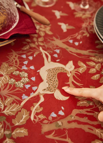 Long Modern Rectangular Tablecloth for Dining Room Table, Forest Deer Red Table Covers, Square Tablecloth for Kitchen, Extra Large Tablecloth for Round Table-LargePaintingArt.com