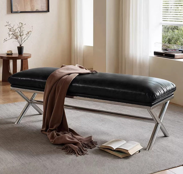 Modern Shoe Changing Ottoman, Mid-Century Hall Bench, Luxury Genuine Leather Entry Bench, Upholstered Shoe Bench, Contemporay Bedroom Bench, Narrow Entryway Bench-LargePaintingArt.com