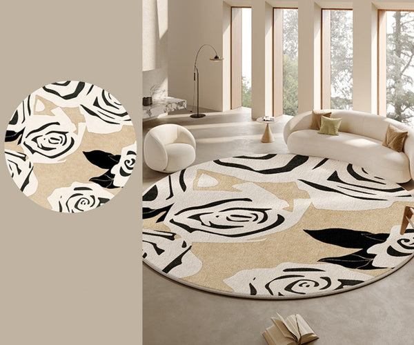 Abstract Contemporary Rugs for Bedroom, Modern Round Rugs under Coffee Table, Circular Rugs for Dining Table, Modern Cream Color Rugs for Living Room-LargePaintingArt.com