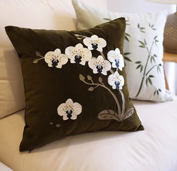 Large Decorative Pillows for Couch, Dark Olive Green Embroidered Moth Orchid Cushion, Decorative Pillow Arrangement Ideas for Couch, Living Room Decorative Pillows, Modern Throw Pillows for Bedroom-LargePaintingArt.com