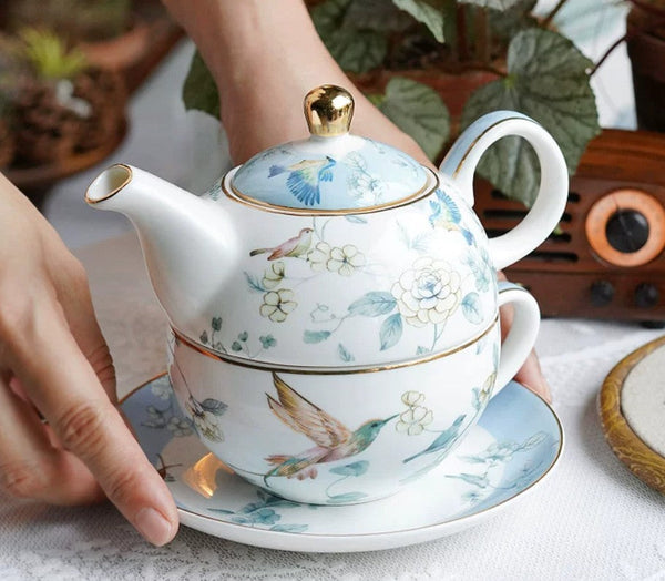 Stackable Teapot and Cup Set, Ceramic Tea Pot with Integrated Cup, Porcelain Teapot with Matching Cup and Saucer in Gift Box, Mother-and-Baby Teapot with Matching Saucer-LargePaintingArt.com