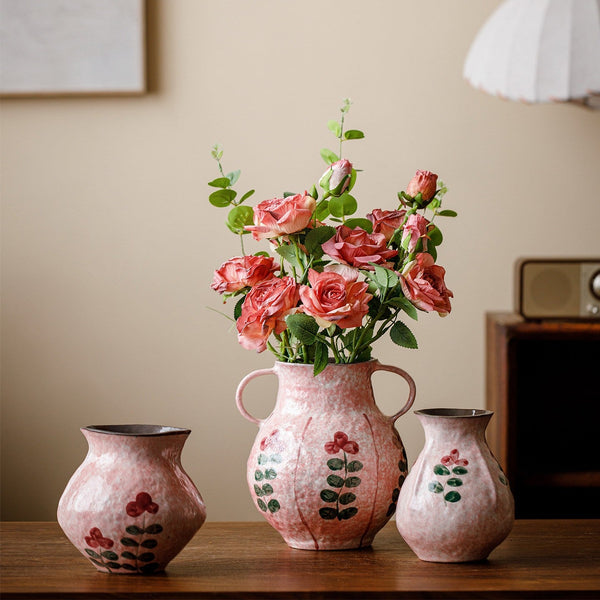 Handmade Water Holding Flower Vases, Rustic Pottery Flower Vases, Small Flower Vases on Table, Pink Bud Vases-LargePaintingArt.com