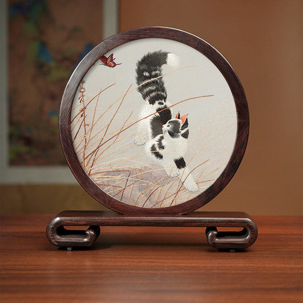 Unique Birthday Gift, Traditional Chinese Suzhou Kitten Embroidery Ornament, Lovely Kitty Cat Embroidered Decor, Premium Souvenir, Exclusive Business Present-LargePaintingArt.com