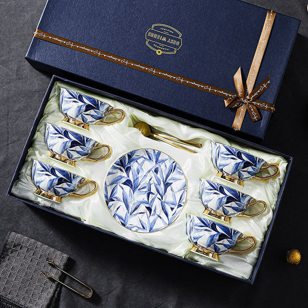 Unique British Tea Cup and Saucer in Gift Box, Blue Porcelain Tea Cup Saucer Set, 7.4 oz British Ceramic Coffee Cups-LargePaintingArt.com
