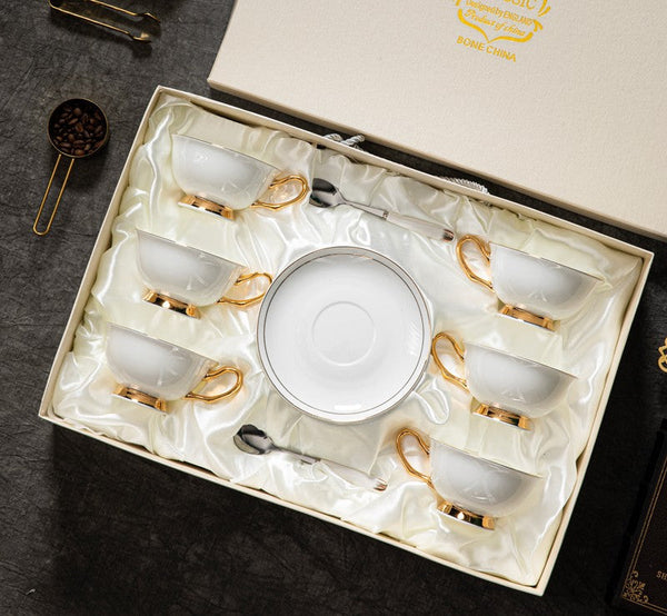 White Ceramic Cups, Elegant British Ceramic Coffee Cups, 7.8 oz Porcelain Tea Cup Saucer Set, Unique Tea Cup and Saucer in Gift Box-LargePaintingArt.com