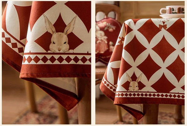 Holiday Red Tablecloth for Dining Table, Rabbit Pattern Table Cover for Dining Room Table, Modern Rectangle Tablecloth for Oval Table-LargePaintingArt.com
