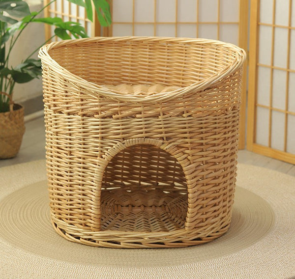 Washable Wicker Cat Bed, Wicker Cat House with Washable Cushion for Indoor Cats and Dogs