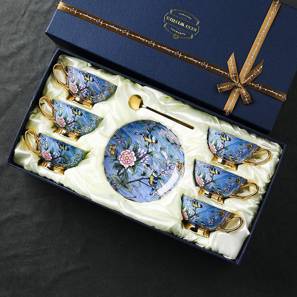 Blue Bird and Butterfly Porcelain Tea Cup Saucer Set, 7.4 oz British Tea Cup and Saucer in Gift Box, Elegant British Ceramic Coffee Cups-LargePaintingArt.com