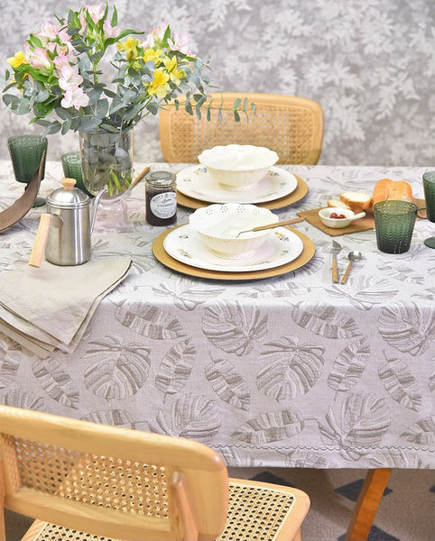 Monstera Leaf Modern Table Cloths for Kitchen, Simple Contemporary Grey Cotton Tablecloth, Large Rectangle Table Covers for Dining Room Table, Square Tablecloth for Round Table-LargePaintingArt.com