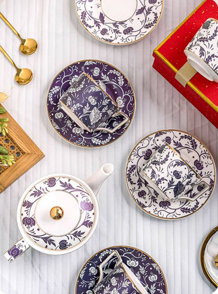 British Traditional Afternoon Tea Cup Set of 4 cups, 8 oz Ceramic Coffee Cup with Saucer in Gift Box, Porcelain Tea Cup and Saucer Set with Teapot-LargePaintingArt.com