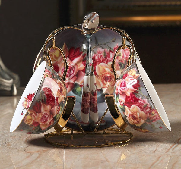 Ceramic Tea Cup and Saucer in Gift Box, Rose Flower Royal Porcelain Tea Cup Saucer Set, Elegant Ceramic Coffee Cups, Beautiful British Tea Cups-LargePaintingArt.com