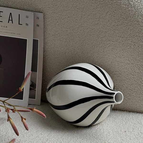 Porcelain Flower Vases, Modern Flower Vases on Table, Water Holding Flower Vases, Black and White Striped Ceramic Vase-LargePaintingArt.com