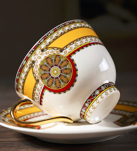 Handmade Beautiful British Tea Cups, Creative Bone China Porcelain Tea Cup Set, Yellow Royal Ceramic Coffee Cups, Unique Tea Cups and Saucers-LargePaintingArt.com