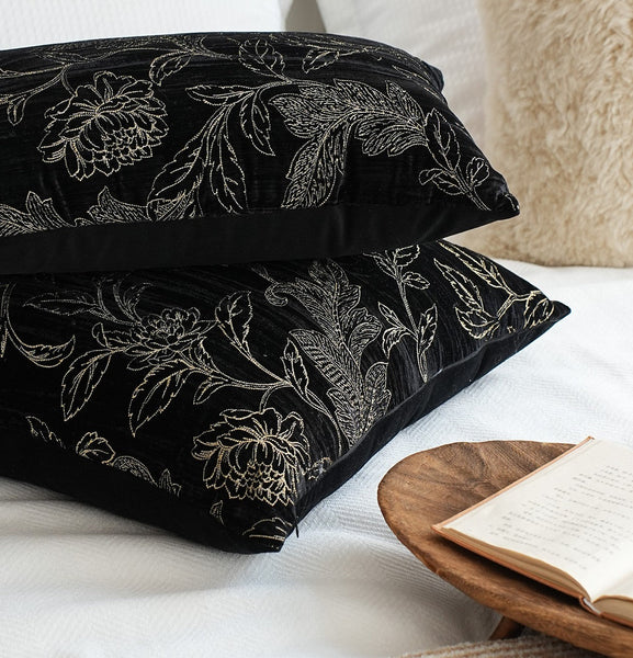 Contemporary Modern Sofa Pillows, Black Embroidery Flower Pattern Pillows for Couch, Decorative Throw Pillows for Bedroom, Large Modern Sofa Pillow for Dining Room-LargePaintingArt.com