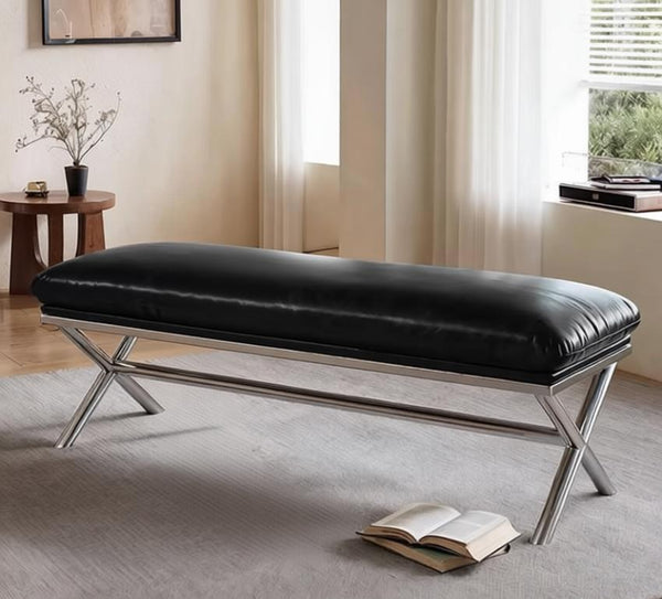 Modern Shoe Changing Ottoman, Mid-Century Hall Bench, Luxury Genuine Leather Entry Bench, Upholstered Shoe Bench, Contemporay Bedroom Bench, Narrow Entryway Bench-LargePaintingArt.com