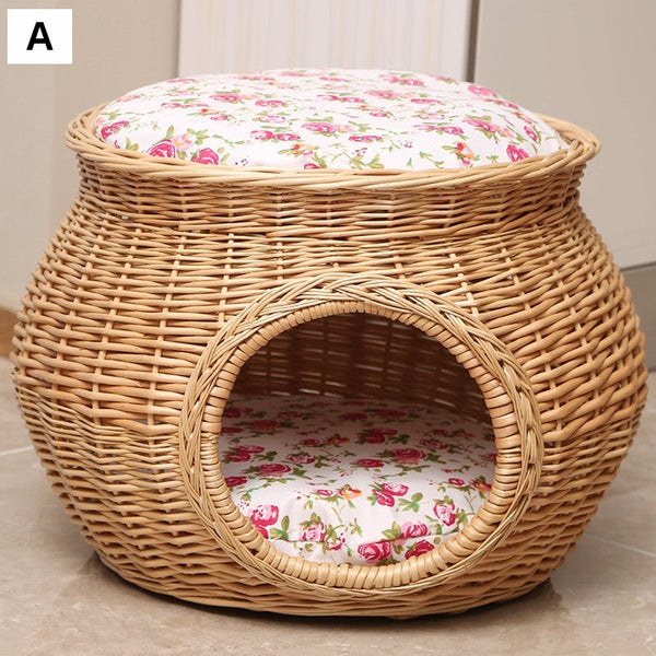 Rattan Cat Bed, Wicker Cat House Basket with Washable Cushion for Indoor Cats and Dogs-LargePaintingArt.com